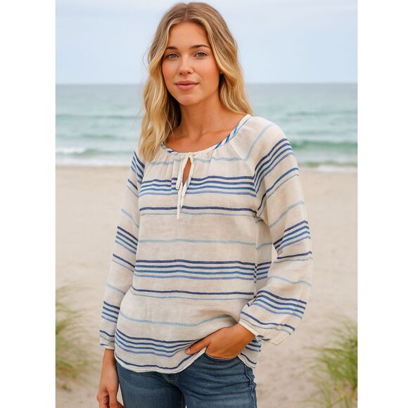 J.Crew 100% Linen Peasant Blouse Womens Sz 2 Sheer Indigo Striped Coastal Beachy - Picture 1 of 13